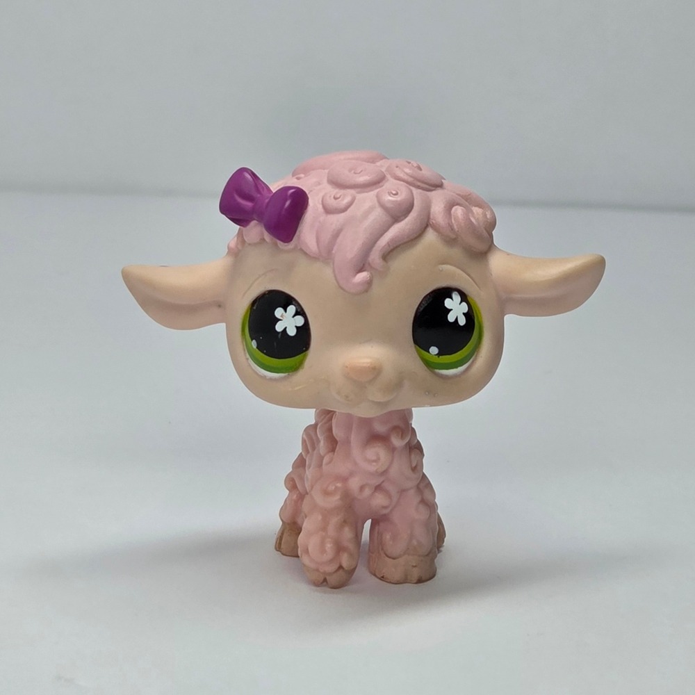 Littlest Pet Shop Pink Lamb Green Flower Eyes Purple Bow Magnet LPS Figure 1346